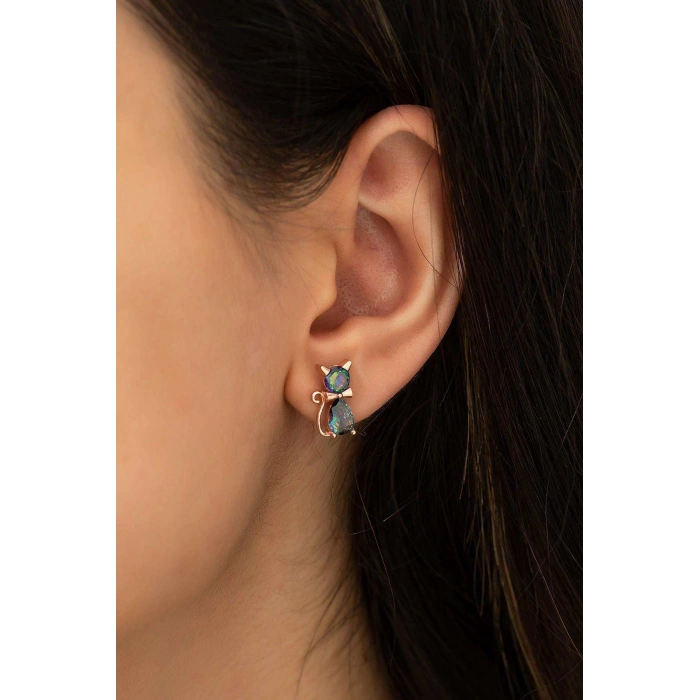 Mistik Topazlı Gümüş Kedi Küpe - Gümüş