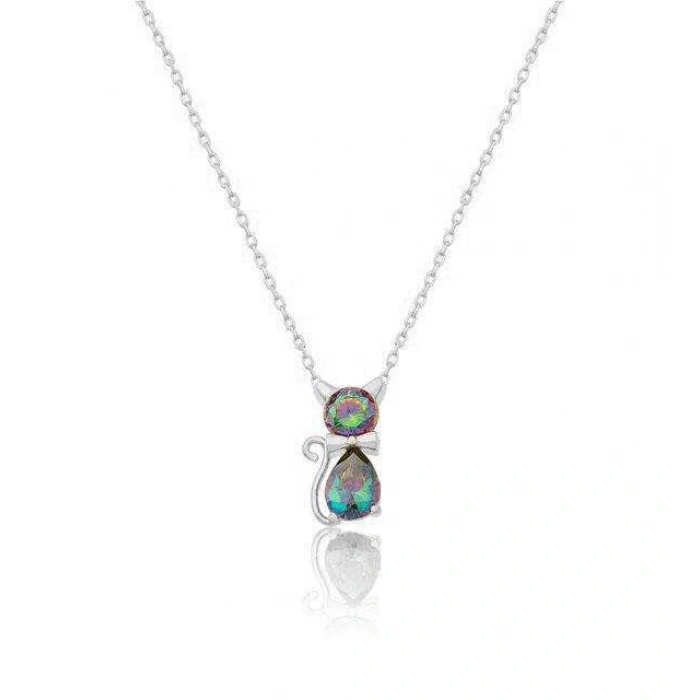 Mistik Topazlı Trend Gümüş Kedi Kolye - Gümüş