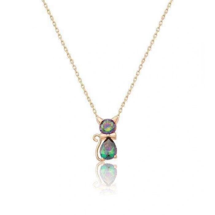 Mistik Topazlı Trend Gümüş Kedi Kolye - Rose