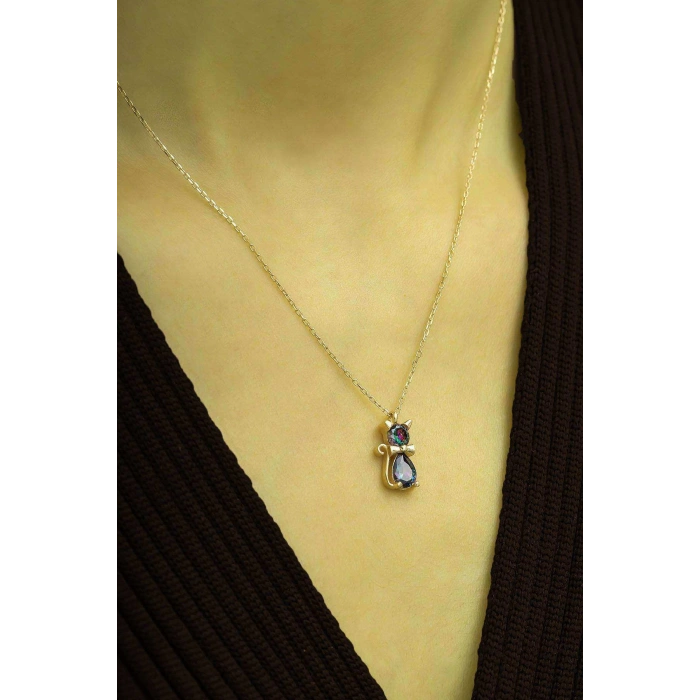 Mistik Topazlı Trend Gümüş Kedi Kolye - Altın