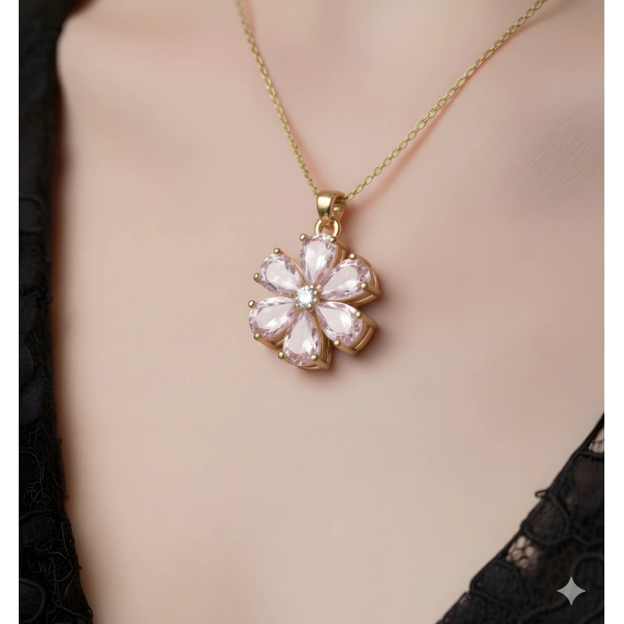 Pembe Taşlı Sevgi Çiçeği Gümüş Kolye - Altın