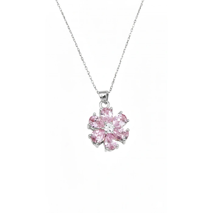 Pembe Taşlı Sevgi Çiçeği Gümüş Kolye - Gümüş