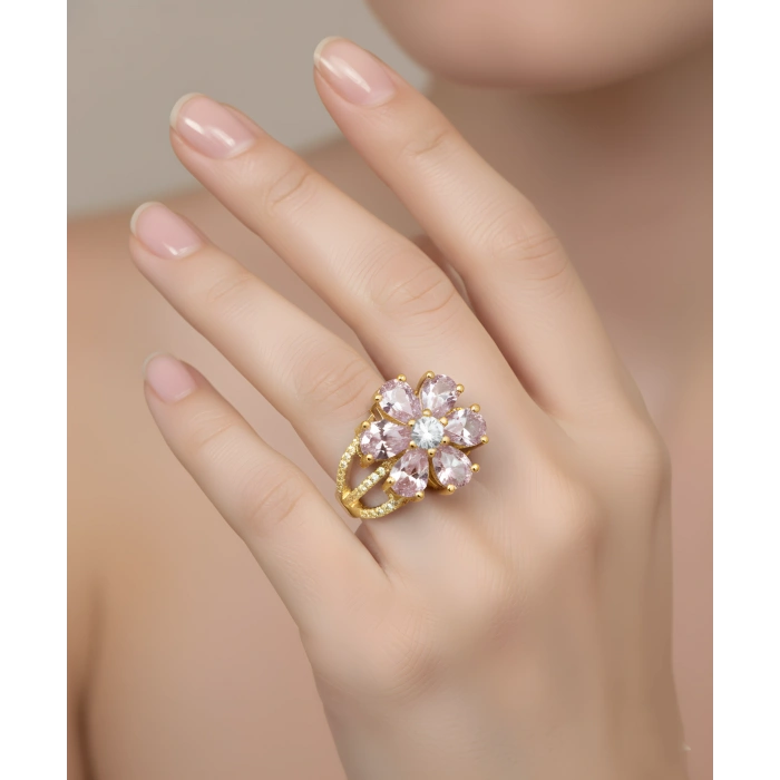 Pembe Taşlı Sevgi Çiçeği Gümüş Yüzük - Altın