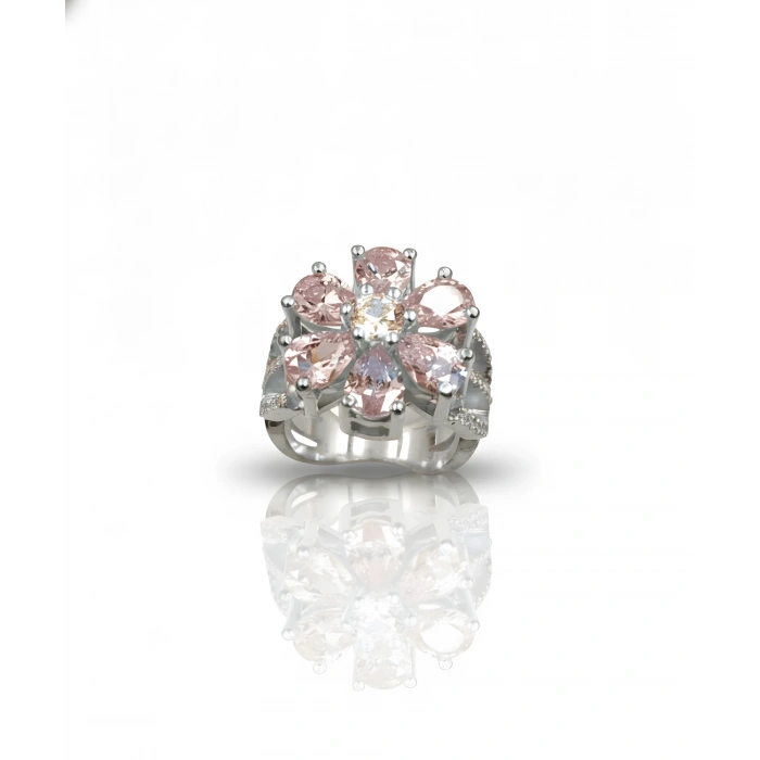 Pembe Taşlı Sevgi Çiçeği Gümüş Yüzük - Gümüş