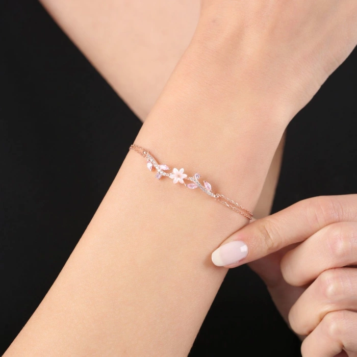 Pink Taşlı Manolya Çiçeği Zarafet Bağı Renk Flowers Gümüş Bileklik - Rose