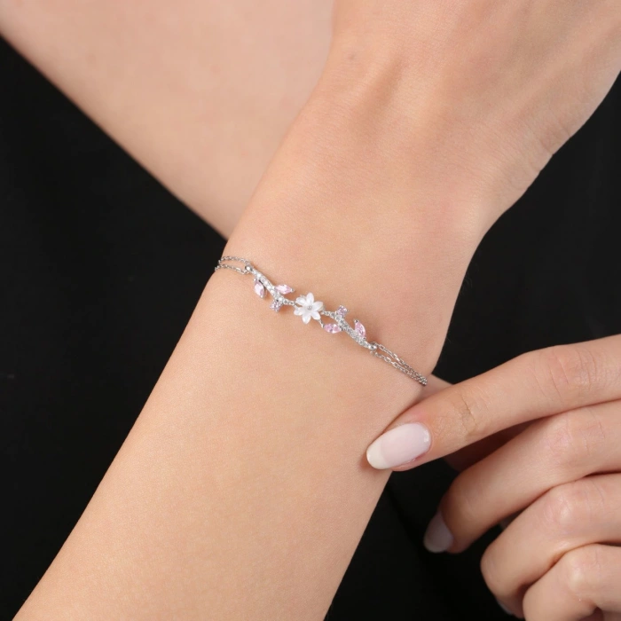 Pink Taşlı Manolya Çiçeği Zarafet Bağı Renk Flowers Gümüş Bileklik - Gümüş
