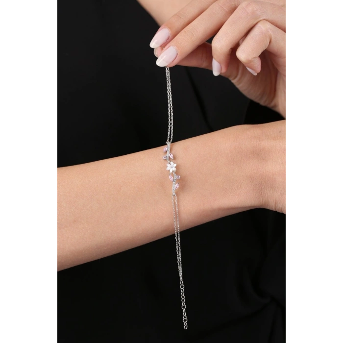 Pink Taşlı Manolya Çiçeği Zarafet Bağı Renk Flowers Gümüş Bileklik - Gümüş