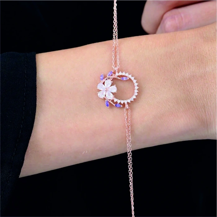 Pırlanta Montür Ametist Tacı Rose Renk Flowers Gümüş Bileklik - Altın