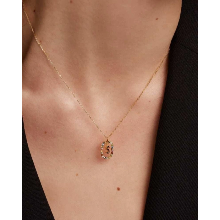 Renkli Taşlı Gümüş Harf Kolye - Gümüş