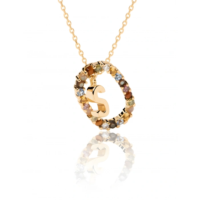 Renkli Taşlı Gümüş Harf Kolye - Altın