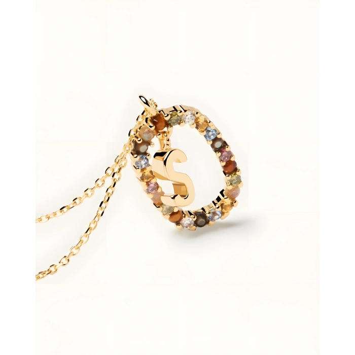 Renkli Taşlı Gümüş Harf Kolye - Rose