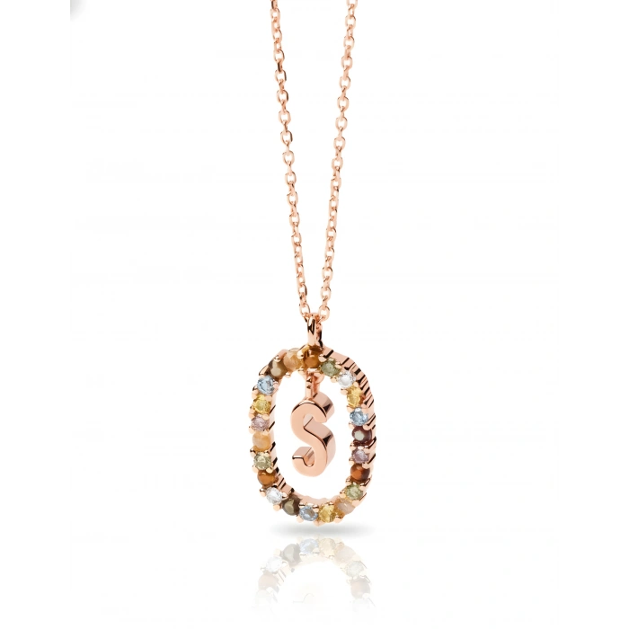 Renkli Taşlı Gümüş Harf Kolye - Rose