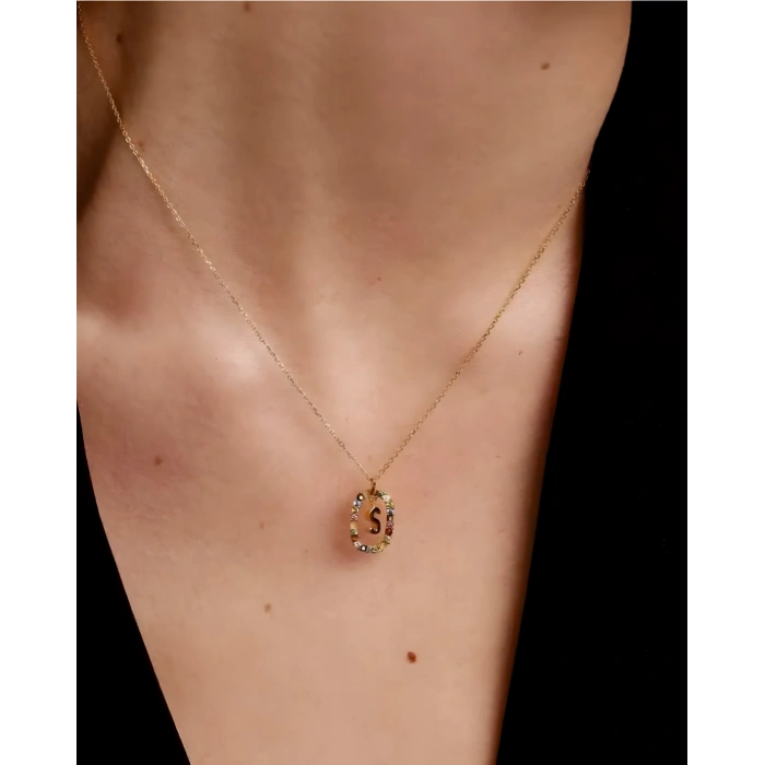 Renkli Taşlı Gümüş Harf Kolye - Rose