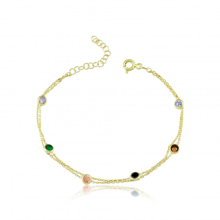 Renkli Tutkular İkili Gümüş Bileklik - Altın