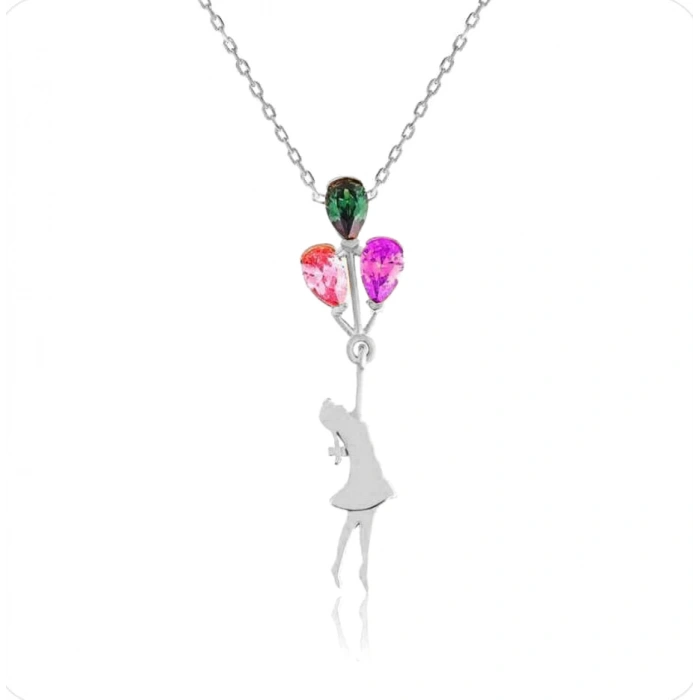 Taşlı Balonlu Kız Ay Kolye