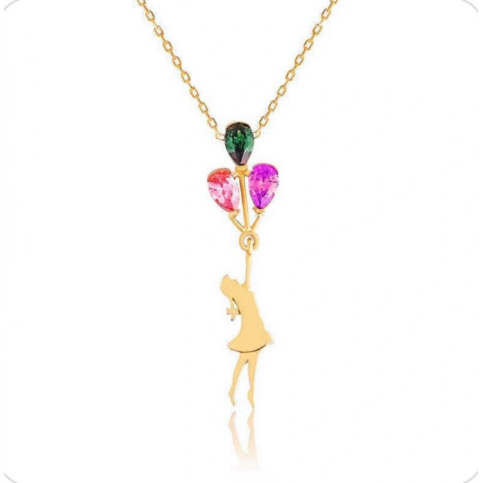 Taşlı Balonlu Kız Ay Kolye