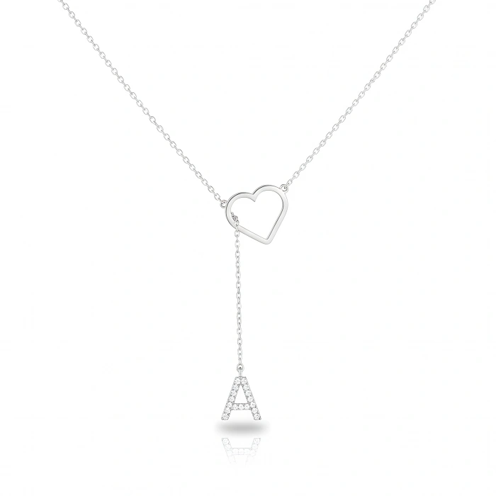 Taşlı Harf Kalp Gümüş Kolye - Gümüş