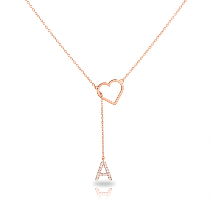 Taşlı Harf Kalp Gümüş Kolye - Rose