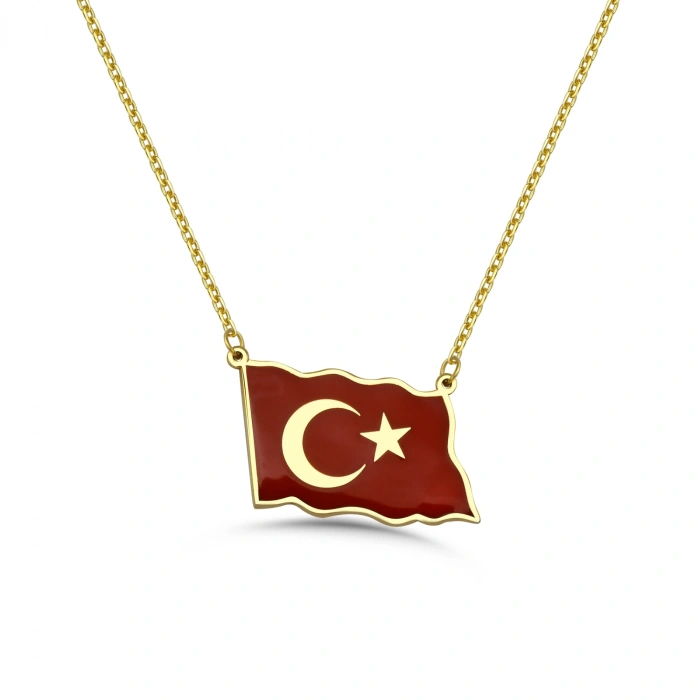 Türk Bayrağı Mineli Gümüş Kolye - Altın