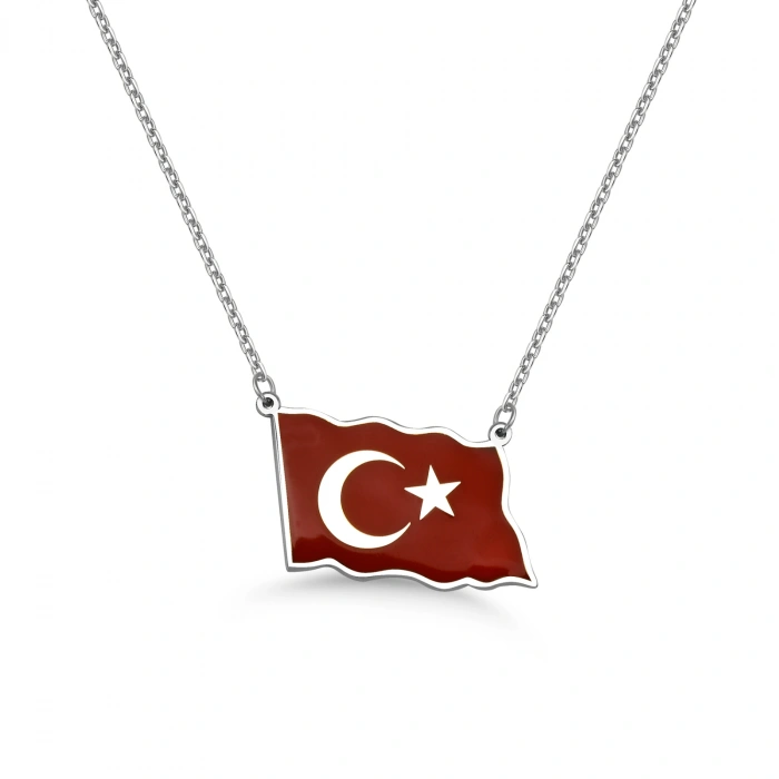Türk Bayrağı Mineli Gümüş Kolye - Gümüş