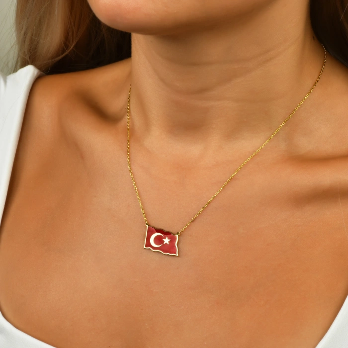 Türk Bayrağı Mineli Gümüş Kolye - Rose