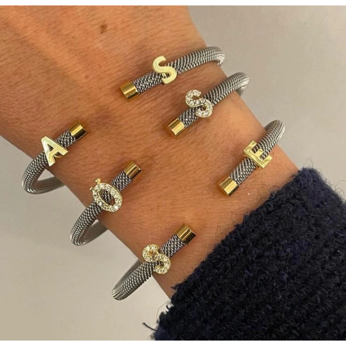 Yeni Tasrım Çelik Kasa Gümüş Harf Bileklik - Altın