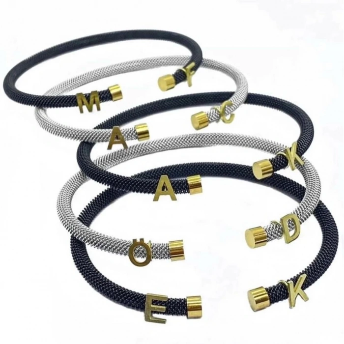 Yeni Tasrım Çelik Kasa Gümüş Harf Bileklik - Altın