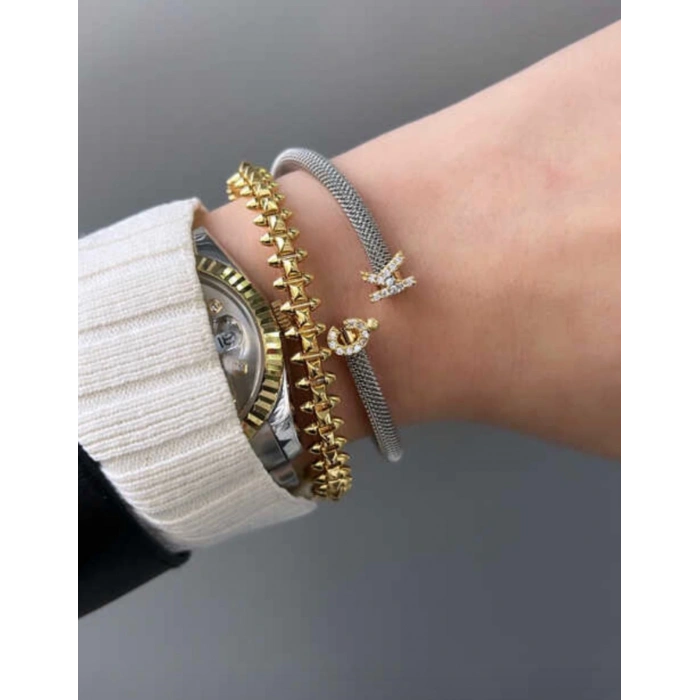 Yeni Tasrım Çelik Kasa Gümüş Harf Bileklik - Altın