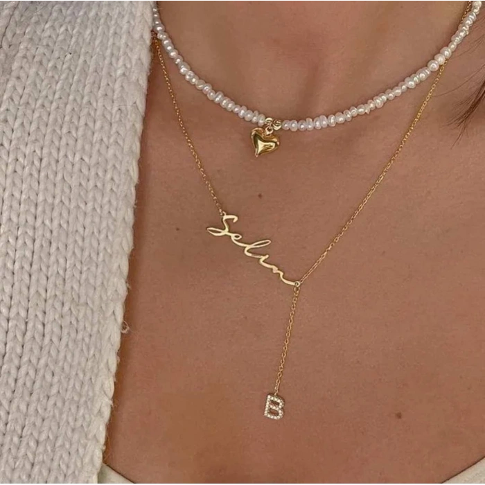 Yeni Taşlı Harf İsimli Gümüş Kolye - Altın