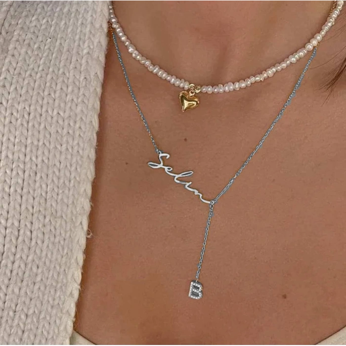 Yeni Taşlı Harf İsimli Gümüş Kolye - Gümüş