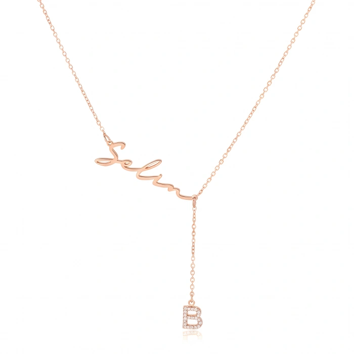 Yeni Taşlı Harf İsimli Gümüş Kolye - Rose