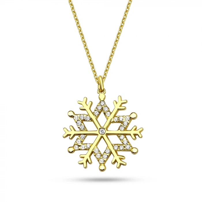 Işıltılı Taşlı Kar Tanesi Gümüş Kolye - Altın