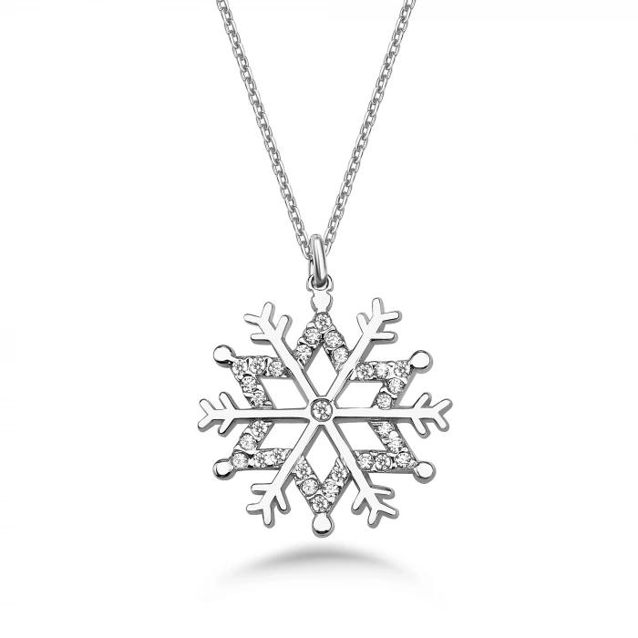 Işıltılı Taşlı Kar Tanesi Gümüş Kolye - Gümüş