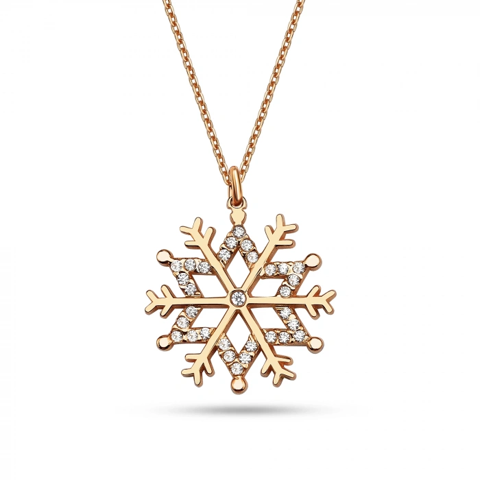 Işıltılı Taşlı Kar Tanesi Gümüş Kolye - Rose