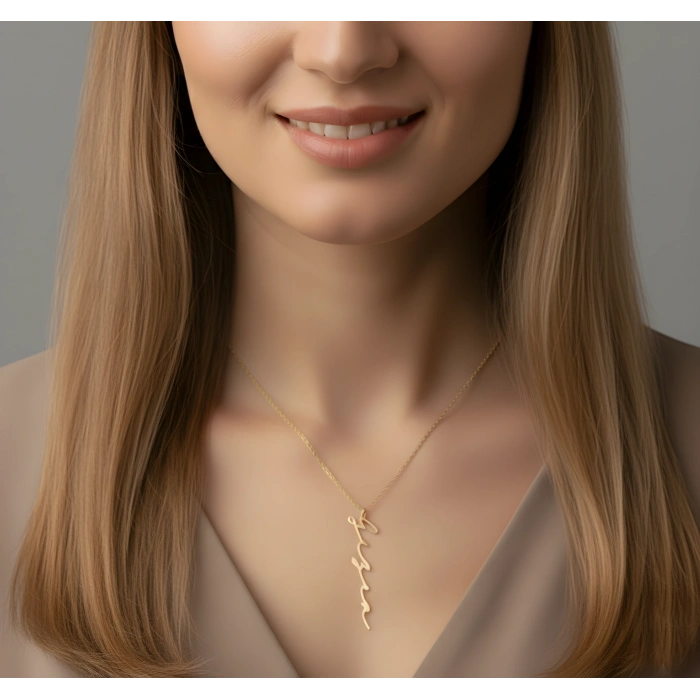 Yeni Trend Dikey Imza 925 Ayar Gümüş Kolye - Rose