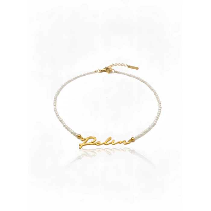 Yeni Trend Yatay İncili İsim Kolye - Altın