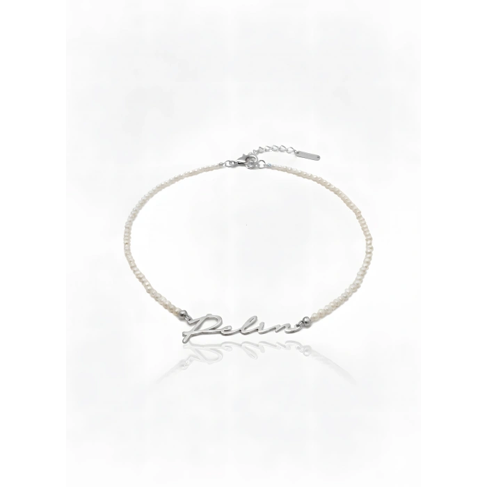 Yeni Trend Yatay İncili İsim Kolye - Gümüş