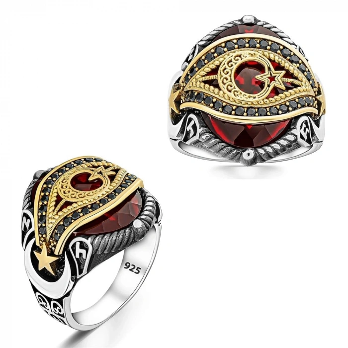 Ay Yıldız Zirkon Taşlı Gümüş Erkek Yüzük Kırmızı