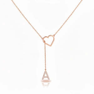 Taşlı Harf Kalp Gümüş Kolye - Rose