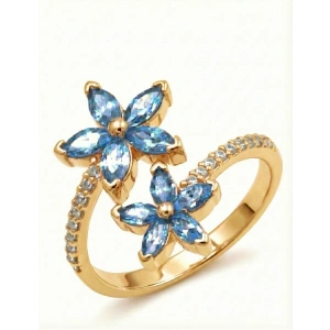 Mikro Taşlı Mavi Kardelen Çiçeği Gümüş Yüzük - Altın