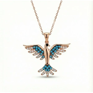 Zümrüdü Anka Kuşu Mavi Taşlı Gümüş Kolye - Rose