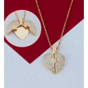 Açılan Kalp Taşlı Gümüş  Kolye - Altın