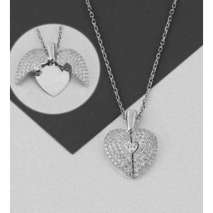 Açılan Kalp Taşlı Gümüş  Kolye - Gümüş