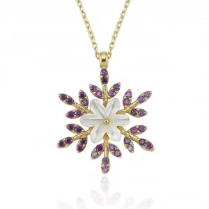 Ametist Taşlı Kar Çiçeği Flowers Gümüş Kolye - Altın