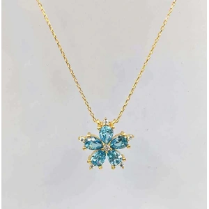 Damla Mavi Taşlı Gümüş Çiçek Kolye - Altın