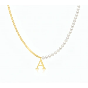 İnci Harf Gümüş Kolye - Altın