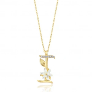 Işıltılı Manolya Çiçeği I Harfi Gümüş Harfli Kolye - Altın