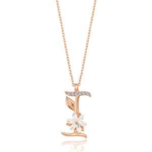 Işıltılı Manolya Çiçeği I Harfi Gümüş Harfli Kolye - Rose