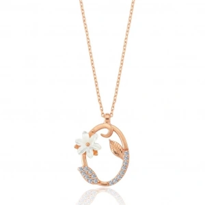 Işıltılı Manolya Çiçeği O Harfi Gümüş Harfli Kolye - Rose