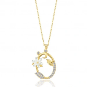 Işıltılı Manolya Çiçeği Ö Harfi Gümüş Harfli Kolye - Altın